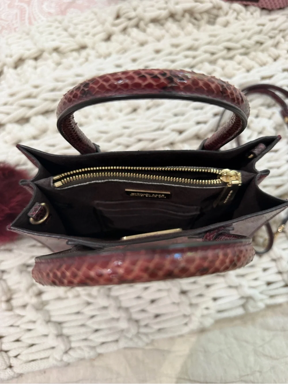 Michael Kors Deep Burgundy Snake-Embossed Satchel with Pom Pom